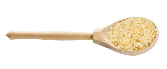 spoon with raw parboiled long-grain rice isolated