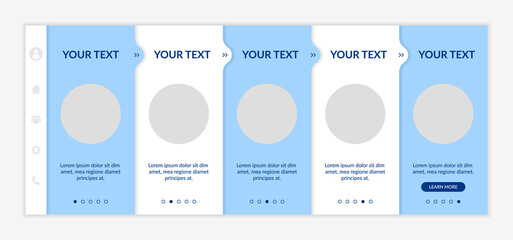 Fototapeta premium Promoting startups onboarding vector template. Product management. Responsive mobile website with icons. Web page walkthrough 5 step screens. Building business portfolio color concept with copy space