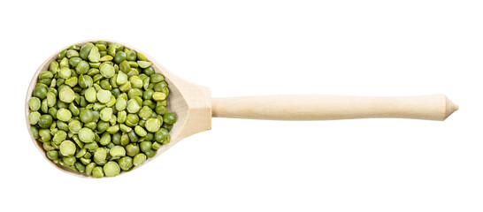 top view of wood spoon with green split peas