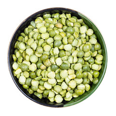 raw dried green split peas in round bowl isolated