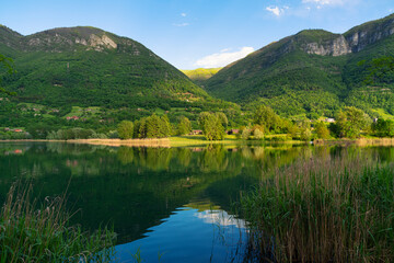 Fototapeta na wymiar Panorama of Endine Lake , the lake is located near Bergamo in Cavallina Valley , Italy Lombardy.