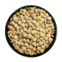 whole large green lentils in round bowl isolated