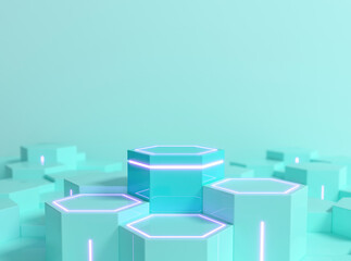 Futuristic hexagonal sci-fi pedestal in mint blue color with neon light for display product showcase, 3d rendering