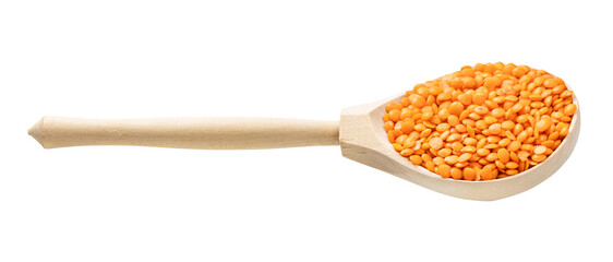 wooden spoon with raw whole red lentils isolated