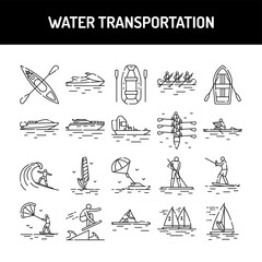 Water transportation line icons set. Isolated vector element.