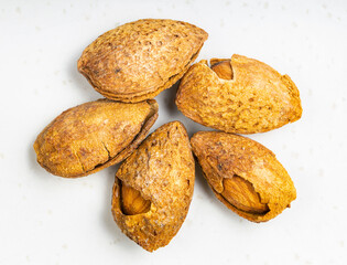several cracked almond drupes close up on gray