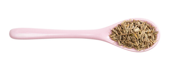 view of ceramic spoon with cumin seeds isolated