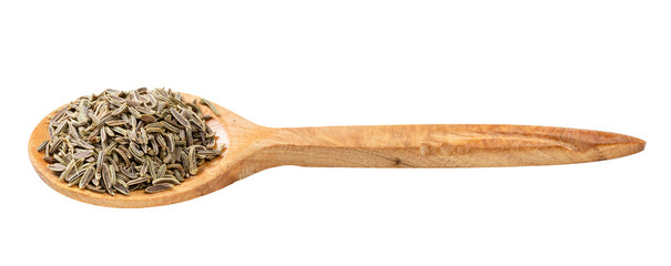 wooden spoon with kala zeera seeds isolated