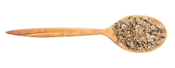 top view of wood spoon with dill seeds isolated