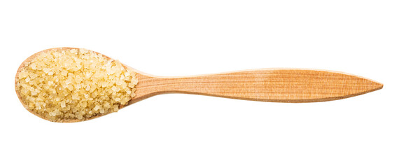 view of demerara brown cane sugar in wood spoon