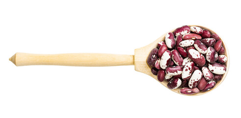 top view of red speckled kidney beans in spoon