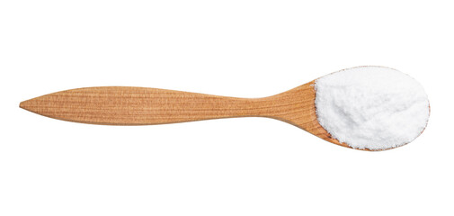 top view of dextrose sugar in wood spoon isolated