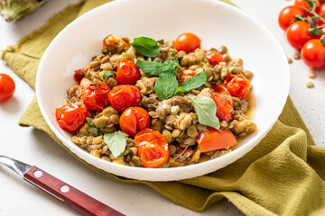Stewed green lentils with tomatoes, eggplants, spices, and herbs in a white plate close-up. Vegan food. Lentils with vegetables.