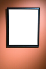 vertical narrow black picture frame on brown wall