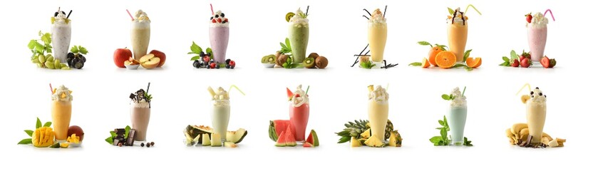 Set of milkshakes decorated with fruits of various flavors isolated