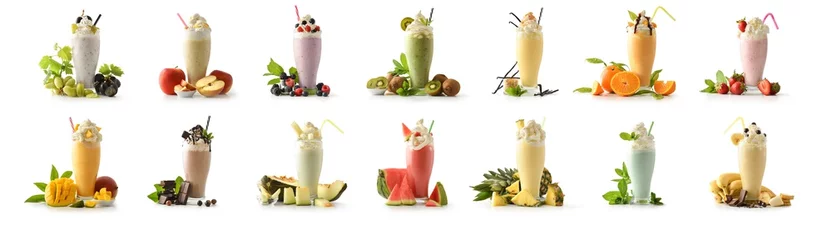 Gordijnen Set of milkshakes decorated with fruits of various flavors isolated © Davizro Photography