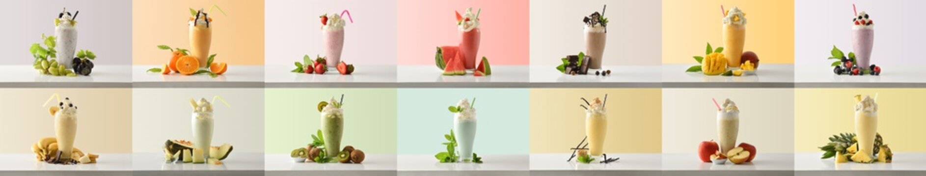 Set of various flavors milkshakes decorated with fruits colored background