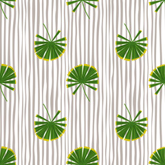 Seamless pattern with doodle green palm licuala shapes. Grey striped background. Tropic foliage print.