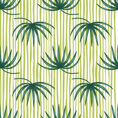 Organic seamless pattern with green tropic bush silhouettes. Light green striped background.