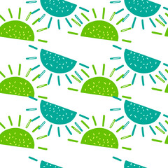 Isolated naive seamless pattern with blue and green childish sun print. White background. Baby ornament.