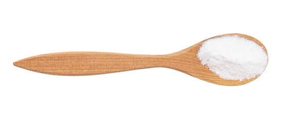 top view of vanillin powder in wood spoon isolated