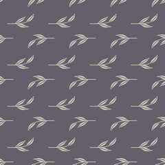 Decorative seamless pattern with grey doodle scandi leaf brnaches shapes. Dark background.