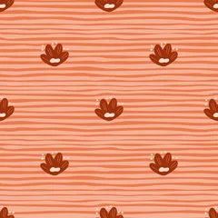 Poster Modern seamless pattern with minimalistic childish flowers elements. Orange striped background. Geometric style. © smth.design