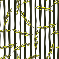 Outline yellow random leaf branches silhouettes seamless pattern. Black and white striped background.