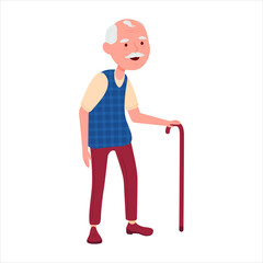 Elderly man or grandfather with a cane. Portrait of an elderly man. Vector graphics in cartoon or flat style. Isolated over white background.