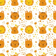 Vector pattern with animals for printing on children's textiles. Bears, rabbits, zebras in orange and yellow colors for children.