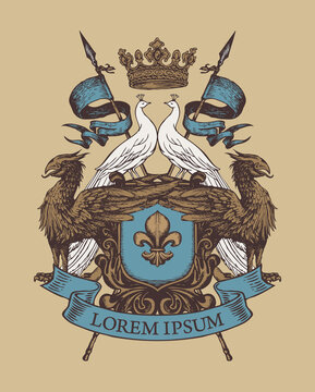 Medieval heraldic Coat of arms with griffins, white peacocks, knightly shield, spears, crown, fleur-de-lis and ribbon on a beige. Hand-drawn vector illustration in vintage style, emblem, sign, symbol