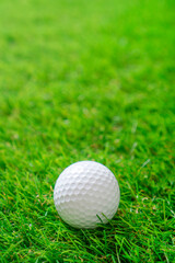 Golf ball on the green artificial grass. Vertical background with copy space.