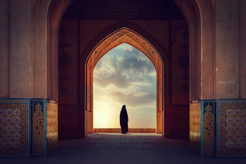 Silhouette of a Persian woman in national dress against the background of traditional Iranian architecture. Sunset. Iran. Kashan. - obrazy, fototapety, plakaty