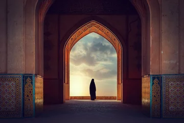 Fotobehang Silhouette of a Persian woman in national dress against the background of traditional Iranian architecture. Sunset. Iran. Kashan. © delbars