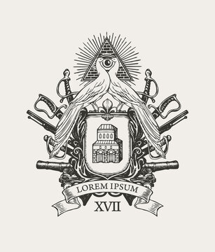 Black and white Coat of arms with peacocks, all-seeing eye, spears, sabers, swords, cannons and knightly shield with an old castle. Vector hand-drawn heraldry, emblem, sign, symbol in vintage style