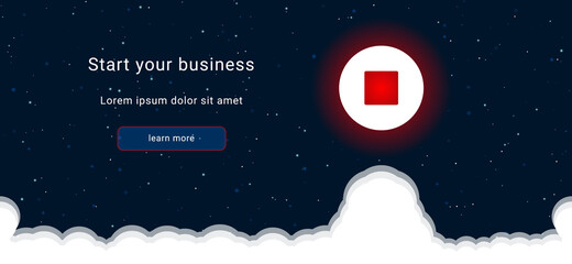 Business startup concept Landing page screen. The stop media symbol on the right is highlighted in bright red. Vector illustration on dark blue background with stars and curly clouds from below