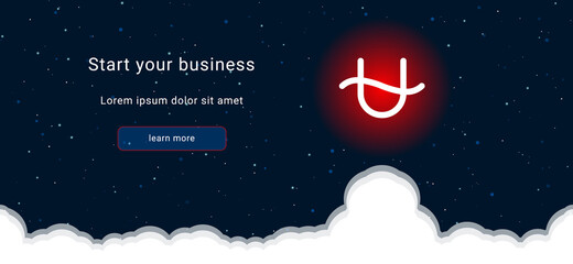 Business startup concept Landing page screen. The zodiac ophiuchus symbol on the right is highlighted in bright red. Vector illustration on dark blue background with stars and curly clouds from below
