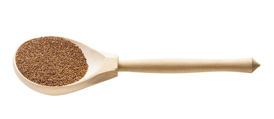 whole-grain teff seeds in wooden spoon isolated