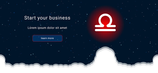 Business startup concept Landing page screen. The zodiac libra symbol on the right is highlighted in bright red. Vector illustration on dark blue background with stars and curly clouds from below