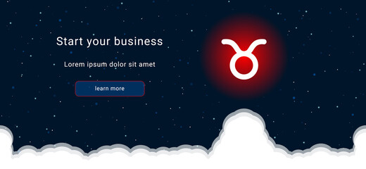 Business startup concept Landing page screen. The zodiac taurus symbol on the right is highlighted in bright red. Vector illustration on dark blue background with stars and curly clouds from below