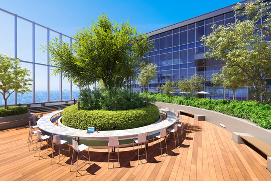 陽光が降り注ぐ開放的な屋上庭園と円形テーブルに置かれたノートPCの3Dレンダリンググラフィックス / 屋外のリモートワーク ・コワーキングテラス・ルーフガーデンのコンセプトイメージ