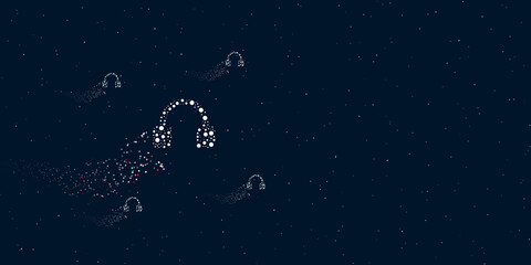 Obraz na płótnie Canvas A headphones symbol filled with dots flies through the stars leaving a trail behind. There are four small symbols around. Vector illustration on dark blue background with stars
