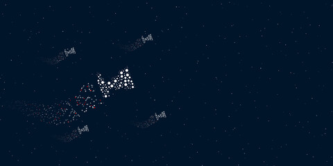 A camera symbol filled with dots flies through the stars leaving a trail behind. Four small symbols around. Empty space for text on the right. Vector illustration on dark blue background with stars