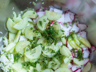 Fresh green organic salad with cucumber in a metal bowl close up	