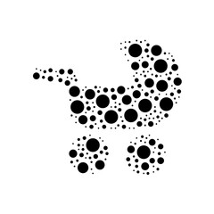 A large baby carriage symbol in the center made in pointillism style. The center symbol is filled with black circles of various sizes. Vector illustration on white background