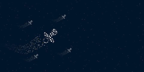 Obraz na płótnie Canvas A nipple symbol filled with dots flies through the stars leaving a trail behind. Four small symbols around. Empty space for text on the right. Vector illustration on dark blue background with stars