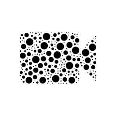 A large video camera symbol in the center made in pointillism style. The center symbol is filled with black circles of various sizes. Vector illustration on white background