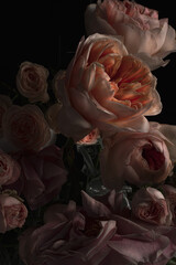 Peonies and roses on black background