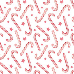 Watercolor cheerful candy cane background. Christmas and New Year's seamless pattern.