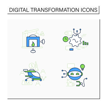 Digital transformation color icons set. Robot, free air taxi, software, industry 1.0. Modern technologies. Digitalization.Digital revolution concept. Isolated vector illustrations